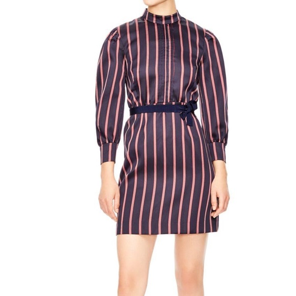 Sandro Deep Navy Blue Striped Respect Satin Dress - Picture 5 of 12
